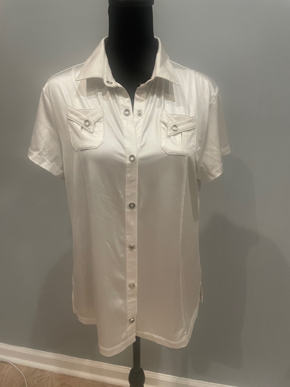 White Short Sleeve snap Button-Up Shirt with a sexy satin vibe
